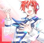  1boy bandaid bandaid_on_face character_name dated fmi_(ksmkt52) gradient gradient_background headphones kano_akira_(vocaloid) pointing pointing_up redhead school_uniform short_hair smile text vocaloid 