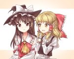  2girls alternate_hairstyle ascot blonde_hair blush braid braiding_hair brown_eyes brown_hair detached_sleeves hair_ribbon hair_tubes hairdressing hakurei_reimu hat hat_ribbon headwear_switch japanese_clothes kirisame_marisa long_hair long_sleeves looking_at_another miko minust multiple_girls open_mouth puffy_sleeves ribbon shirt short_hair side_braid single_braid skirt skirt_set smile touhou turtleneck vest wide_sleeves witch_hat yellow_eyes 