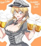  1girl adapted_costume alcohol anchor_hair_ornament beer beer_mug blonde_hair blush breasts camouflage cleavage dirndl dress german_clothes hair_ornament hat kantai_collection large_breasts long_hair looking_at_viewer mikagami_sou oktoberfest open_mouth peaked_cap prinz_eugen_(kantai_collection) remodel_(kantai_collection) sketch smile solo twintails underbust 
