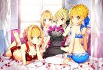  4girls ahoge barefoot bed blonde_hair breasts cleavage elbow_gloves fate/extra fate/stay_night fate/unlimited_codes fate_(series) gabe_(seelunto) gloves green_eyes lingerie looking_at_viewer multiple_girls multiple_persona petals pillow pillow_hug ponytail saber saber_alter saber_extra saber_lily thigh-highs underwear yellow_eyes 