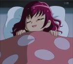  1girl bed bed_sheet closed_eyes highres hoshizora_miyuki maroon_hair pillow precure screencap short_hair sleeping smile_precure! 