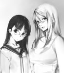  2girls glasses gradient gradient_background long_hair looking_at_viewer monochrome multiple_girls original sasaoka_gungu school_uniform serafuku smile 
