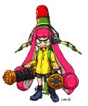  1girl artist_name backpack bag bike_shorts boots cross-laced_footwear dated domino_mask dual_wielding green_eyes grin gun headphones inkling jacket long_hair long_sleeves mask minigun missile pink_hair signature smile solo splatoon standing tentacle_hair weapon white_background yoshida_inuhito 