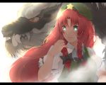  1girl anime_coloring bloom blush bow braid collared_shirt dragon green_eyes hair_bow hat hong_meiling long_hair puffy_short_sleeves puffy_sleeves redhead shirt short_sleeves star touhou twin_braids white_background yuu 