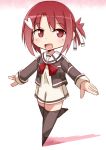  1girl :d black_legwear chibi hair_ribbon naruse_mai open_mouth ponytail red_eyes redhead ribbon school_uniform smile solo thigh-highs yuuki_yuuna yuuki_yuuna_wa_yuusha_de_aru zettai_ryouiki 