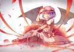  1girl bat_wings bow dress flower frilled_shirt frilled_sleeves frills hat hat_ribbon kneehighs mary_janes mob_cap pikuri pink_dress pout puffy_short_sleeves puffy_sleeves purple_hair red_bow red_eyes red_ribbon reflective_floor remilia_scarlet ribbon rose shoes short_hair short_sleeves solo touhou wings wrist_cuffs 