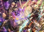  2boys armor armored_boots blonde_hair book bow_(weapon) brown_eyes cape fire_emblem fire_emblem_cipher fire_emblem_if gloves grey_hair horse leaf leon_(fire_emblem_if) long_hair multiple_boys open_mouth takumi_(fire_emblem_if) weapon 