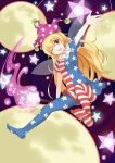  1girl american_flag_legwear american_flag_shirt blonde_hair blush chongjing clownpiece fairy_wings full_body hat highres jester_cap long_hair looking_at_viewer moon one_eye_closed open_mouth outstretched_arm pantyhose print_legwear short_sleeves smile solo star star-shaped_pupils striped symbol-shaped_pupils touhou wings 