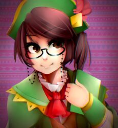  1girl 2demon book brown_eyes brown_hair cravat glasses guildmarm_(monster_hunter) hat making_of monster_hunter monster_hunter_4 semi-rimless_glasses short_hair signature smile solo under-rim_glasses 