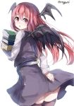  1girl back bat_wings black_legwear blush book_stack colored head_wings koakuma long_hair long_sleeves looking_at_viewer looking_back open_mouth red_eyes redhead shirt simple_background sketch skirt skirt_set solo thigh-highs touhou twitter_username vest white_background wings wowoguni 