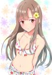  1girl :t bikini brown_eyes brown_hair floral_print highres idolmaster idolmaster_cinderella_girls long_hair looking_at_viewer mizumoto_yukari pout print_bikini solo swimsuit toufuu 