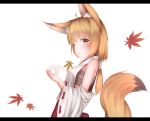  1girl animal_ears autumn_leaves bare_shoulders blonde_hair detached_collar fox_ears fox_tail hakama highres japanese_clothes long_hair looking_at_viewer low_ponytail miko original red_eyes ribbon-trimmed_sleeves ribbon_trim sarashi shirt skirt solo tail waterdog wide_sleeves 