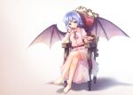  1girl bare_legs barefoot bat_wings blue_hair chair cup drinking_glass fang fang_out hand_in_hair legs looking_at_viewer oukatihiro pink_hair puffy_sleeves red_eyes remilia_scarlet sharp_toenails sitting smile solo touhou wine_glass wings wrist_cuffs 