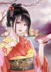  1girl 2015 absurdres adai black_hair chinese_clothes hair_ornament highres lipstick looking_at_viewer makeup original pale_skin petals pink_eyes plate signature solo 