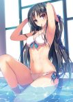  1girl adjusting_hair bikini black_hair blush braid breasts cleavage horikita_suzune in_water long_hair looking_at_viewer navel o-ring_bottom partially_submerged pool red_eyes sitting solo swimsuit tomose_shunsaku very_long_hair wet white_bikini white_swimsuit youkoso_jitsuryoku_shijou_shugi_no_kyoshitsu 