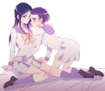 2girls blue_eyes blue_hair blush dokidoki!_precure hair_ornament hairclip hishikawa_rikka kenzaki_makoto long_hair looking_at_viewer multiple_girls negom precure purple_hair school_uniform short_hair simple_background socks violet_eyes white_background yuri