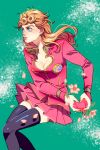  blonde_hair blue_eyes breasts cleavage earrings flower giorno_giovanna heart heart_hands jewelry jojo_no_kimyou_na_bouken looking_to_the_side miniskirt petals pleated_skirt rin2010 skirt thigh-highs zettai_ryouiki 