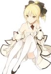  1girl ahoge bare_shoulders blonde_hair breasts cleavage detached_collar detached_sleeves dress fate/stay_night fate/unlimited_codes fate_(series) gloves green_eyes looking_at_viewer lp_(hamasa00) ponytail saber saber_lily simple_background sitting solo thigh-highs white_background white_gloves white_legwear 
