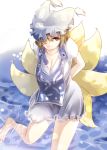  1girl adapted_costume amua animal_ears arms_behind_back barefoot breasts brown_eyes cleavage dress fox_ears fox_tail hair_over_one_eye hat highres leg_up light_brown_hair mob_cap multiple_tails short_hair short_sleeves smile solo tabard tail touhou water yakumo_ran 