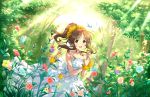  1girl animal bird bow brown_hair butterfly dandelion dandelion_seed deer dress flower frills hair_flower hair_ornament holding holding_flower idolmaster idolmaster_cinderella_girls jpeg_artifacts long_hair looking_at_viewer nature official_art plant ponytail shade sleeveless sleeveless_dress smile solo spring_(season) sundress takamori_aiko tree tree_shade white_dress yellow_eyes 