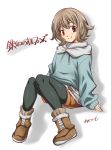  1girl abe_tsukumo atra_mixta boots grey_hair gundam gundam_iron-blooded_orphans highres hoodie jacket red_eyes short_hair thigh-highs zettai_ryouiki 