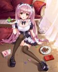  1girl black_legwear blush breasts candy_heart cleavage cookie couch cupcake curtains food heart highres long_hair looking_at_viewer maid maid_headdress open_mouth original pillow pink_hair plate platform_footwear pocky shadow signature sitting solo thigh-highs tile_floor tiles twintails yun_zi 