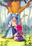  2girls absurdres animal_ears annie_hastur ask_(dreaming_cat) back backpack bag bangs bare_shoulders blue_eyes blue_hair breasts cleavage closed_mouth comforting fake_animal_ears flower grass hair_flower hair_ornament hand_on_another&#039;s_head highres ladybug large_breasts league_of_legends long_hair looking_at_another multiple_girls pink_hair short_hair sitting smile socks sona_buvelle striped striped_legwear stuffed_animal stuffed_toy tears teddy_bear tree twintails very_long_hair wariza wide_sleeves 