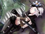  1girl blue_eyes breasts cape eyepatch flamie_speeddraw flower gloves gun hair_flower hair_ornament hairband heterochromia looking_at_viewer lying midriff navel on_side outdoors pantyhose pink_eyes rokka_no_yuusha short_hair smile solo thigh-highs weapon white_hair 