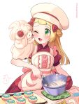  1girl ;d alcremie alcremie_(strawberry_sweet) apron baking_sheet bangs blonde_hair blunt_bangs bowl braid buttons chef_hat commentary_request cooking cosplay dawn_(pokemon)_(cosplay) dress eyelashes food food_on_face green_eyes hair_ornament hairclip hat highres hikari_(pokemon) holding holding_whisk kinocopro licking licking_another&#039;s_face lillie_(pokemon) long_hair one_eye_closed open_mouth oven_mitts pokemon pokemon_(creature) pokemon_(game) pokemon_masters_ex pokemon_sm red_dress red_mittens smile table tongue twitter_username watermark whisk white_background yellow_apron 