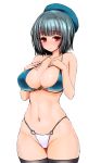  1girl adapted_costume bikini black_hair blush breasts hat ishimura_(ishimura-ya) kantai_collection large_breasts red_eyes short_hair simple_background swimsuit takao_(kantai_collection) thigh-highs 