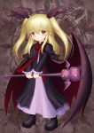  1girl blonde_hair bow cape capelet dress expressionless frilled_sleeves frills grimorigin hair_ribbon lilith_rosenberg long_dress long_hair original red_eyes ribbon staff twintails wraith_the_etoile 