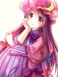  1girl arm_support capelet coat crescent dress hair_ribbon hat kashiwagi_chisame long_hair looking_at_viewer mob_cap open_clothes open_coat patchouli_knowledge purple_dress purple_hair ribbon solo striped striped_dress touhou tress_ribbon very_long_hair violet_eyes 