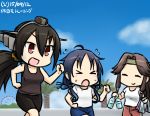  &gt;:d &gt;:o &gt;_&lt; 3girls :d :o ahoge alternate_hairstyle black_hair blue_hair bottle closed_eyes dated hair_ribbon hamu_koutarou headband headgear jintsuu_(kantai_collection) kantai_collection long_hair multiple_girls nagato_(kantai_collection) open_mouth ponytail red_eyes ribbon running scrunchie smile suzukaze_(kantai_collection) translated water_bottle 