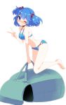  1girl ;) aoi_(annbi) backpack_removed bikini blush breasts full-face_blush full_body grin hair_bobbles hair_ornament highres kawashiro_nitori legs looking_at_viewer navel one_eye_closed short_hair smile solo swimsuit touhou two_side_up v wavy_mouth 
