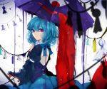  1girl blue_hair heterochromia juliet_sleeves karakasa_obake long_sleeves looking_at_viewer looking_back puffy_sleeves renkarua shirt skirt solo tatara_kogasa teruterubouzu touhou umbrella 