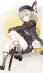  1boy armor cape fox garters green_eyes grey_legwear hat hotarumaru japanese_armor kneehighs konnosuke male_focus ootachi shorts silver_hair sino_(sionori) sitting sock_garters sode sword touken_ranbu weapon 