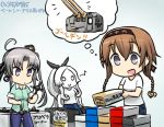  3girls :d ahoge akitsushima_(kantai_collection) armored_aircraft_carrier_hime bag blue_eyes brown_hair casual chou-10cm-hou-chan_(teruzuki&#039;s) clothes_writing dated grey_hair hachimaki hair_ribbon hamu_koutarou headband kantai_collection multiple_girls musical_note o_o open_mouth ribbon shinkaisei-kan shopping_bag smile teruzuki_(kantai_collection) thought_bubble translated violet_eyes white_hair white_skin 