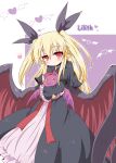  1girl blonde_hair borrowed_character character_name doll doll_hug dress expressionless grimorigin hair_ribbon lilith_rosenberg long_dress long_hair neko_yume original red_eyes ribbon stuffed_animal stuffed_bat stuffed_toy 