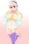  1girl blush breasts cleavage commentary_request headphones large_breasts leg_up long_hair looking_at_viewer navel nitroplus open_clothes open_mouth pink_hair red_eyes smile solo standing_on_one_leg super_sonico sweater sweater_vest thigh-highs yuma_ochanoco 