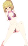  1girl adapted_costume aoi_(annbi) barefoot bikini biting blonde_hair blush breasts crying crying_with_eyes_open embarrassed feet finger_biting full-face_blush green_eyes hand_on_own_chest highres legs mizuhashi_parsee short_hair shy solo swimsuit tears toes touhou 
