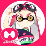  1girl adjusting_goggles arm_up cyclist domino_mask goggles goggles_on_head ichikawa_juuichi inkling jersey mask pink_hair pointy_ears sidelocks smile solo splatoon tentacle_hair upper_body yellow_eyes 