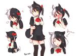  1girl :t ^_^ anger_vein angry_num animal_ears arm_behind_back asymmetrical_hair black_dress black_hair black_legwear blush closed_eyes covering_mouth dress embarrassed expressionless flying_sweatdrops hair_ribbon highres multicolored_hair open_mouth original pout ribbon short_hair side_ponytail simple_background smile solo tail thigh-highs two-tone_hair white_background white_hair yellow_eyes 