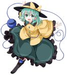  1girl blouse blush boots full_body green_eyes green_hair green_skirt hair_between_eyes hat hat_ribbon knee_boots komeiji_koishi long_sleeves looking_at_viewer open_mouth outstretched_arms ribbon shirt short_hair simple_background skirt skirt_set smile solo string third_eye touhou tsurukou_(tksymkw) white_background wide_sleeves 