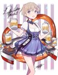  1girl :d alcohol alternate_costume artist_name beer beer_mug blue_eyes character_name confetti cursive dated dirndl dress german_clothes ichikura_tokage iron_cross kantai_collection open_mouth pretzel short_hair signature silver_hair smile solo vertical-striped_background vertical_stripes z1_leberecht_maass_(kantai_collection) 