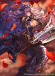  armor axe breasts camilla_(fire_emblem_if) castle cleavage clouds dragon dusk finger_to_mouth fire_emblem fire_emblem_cipher fire_emblem_if hair_over_one_eye large_breasts long_hair mayo_(becky2006) purple_hair sky very_long_hair wavy_hair weapon wyvern 