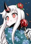  1girl candy_apple colored commentary_request flower hair_flower hair_ornament highres horn japanese_clothes kantai_collection long_hair looking_to_the_side orange_eyes seaport_hime solo sparkle yamato_nadeshiko 