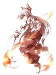  1girl bow dena.ei flame fujiwara_no_mokou hair_bow hair_ribbon hands_in_pockets highres juliet_sleeves long_hair long_sleeves pants puffy_sleeves red_eyes ribbon shirt silver_hair solo suspenders touhou tress_ribbon very_long_hair 