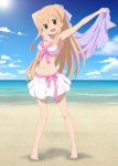  1girl beach bikini bikini_skirt blonde_hair brown_eyes doma_umaru highres himouto!_umaru-chan long_hair smile_(rz) standing swimsuit 