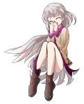  1girl ^_^ alphes_(style) closed_eyes covering_mouth dairi dress hand_over_own_mouth jacket kishin_sagume parody short_hair silver_hair single_wing style_parody touhou transparent_background wings 