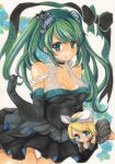  2girls absurdres arm_support bare_shoulders black_dress black_gloves blonde_hair blue_eyes bow breasts cleavage collarbone commentary_request dress elbow_gloves gloves green_eyes green_hair hair_bow hair_ornament hair_ribbon hatsune_miku highres kagamine_rin long_hair looking_at_viewer marker_(medium) multiple_girls panties pantyshot pantyshot_(standing) playing_with_own_hair ribbon see-through standing traditional_media twintails underwear vocaloid white_panties yurun 